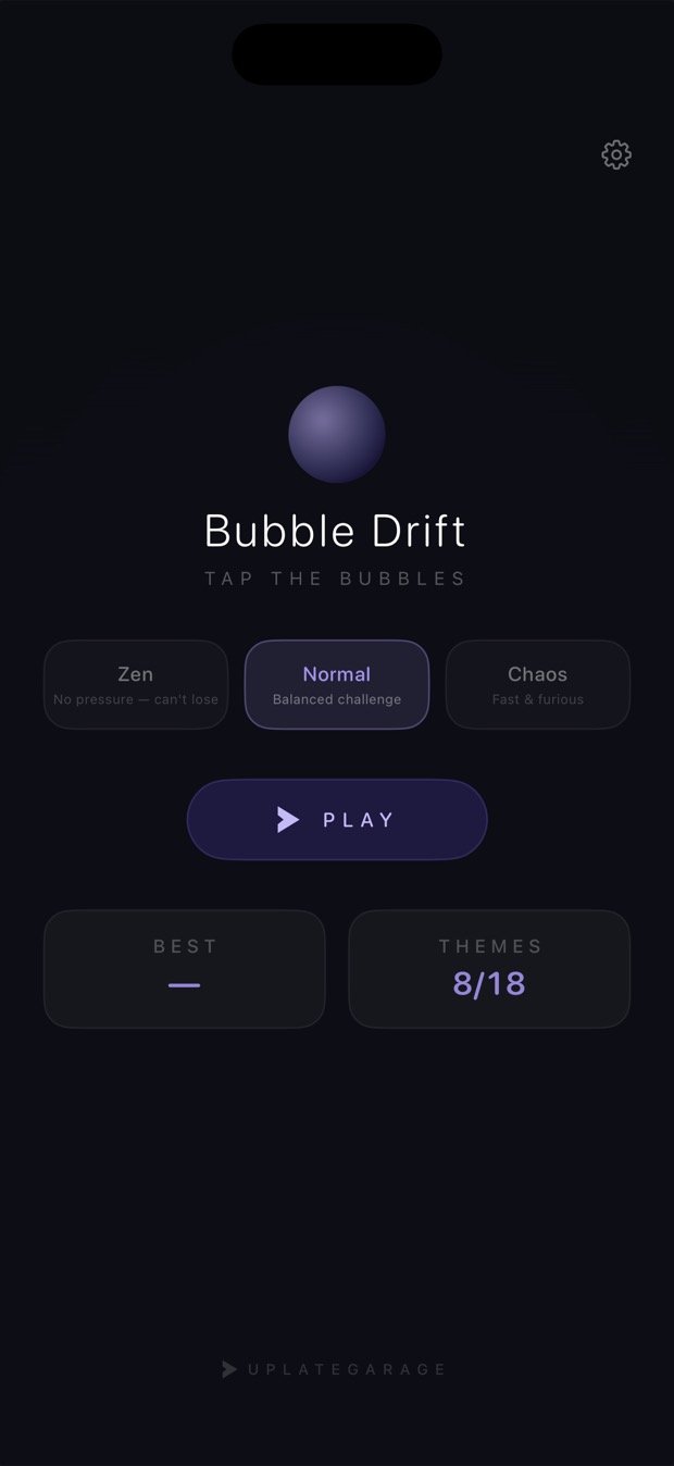 The 2.0 menu: a soft violet sphere above the Bubble Drift title, with Zen, Normal and Chaos cards, a Play button, and Themes 8 of 18.