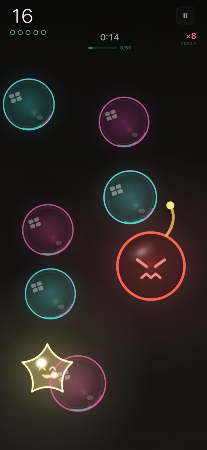 Glass bubbles in play with a gold star and a bomb.