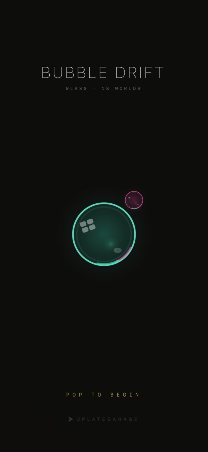 Bubble Drift launch screen with a teal glass bubble.