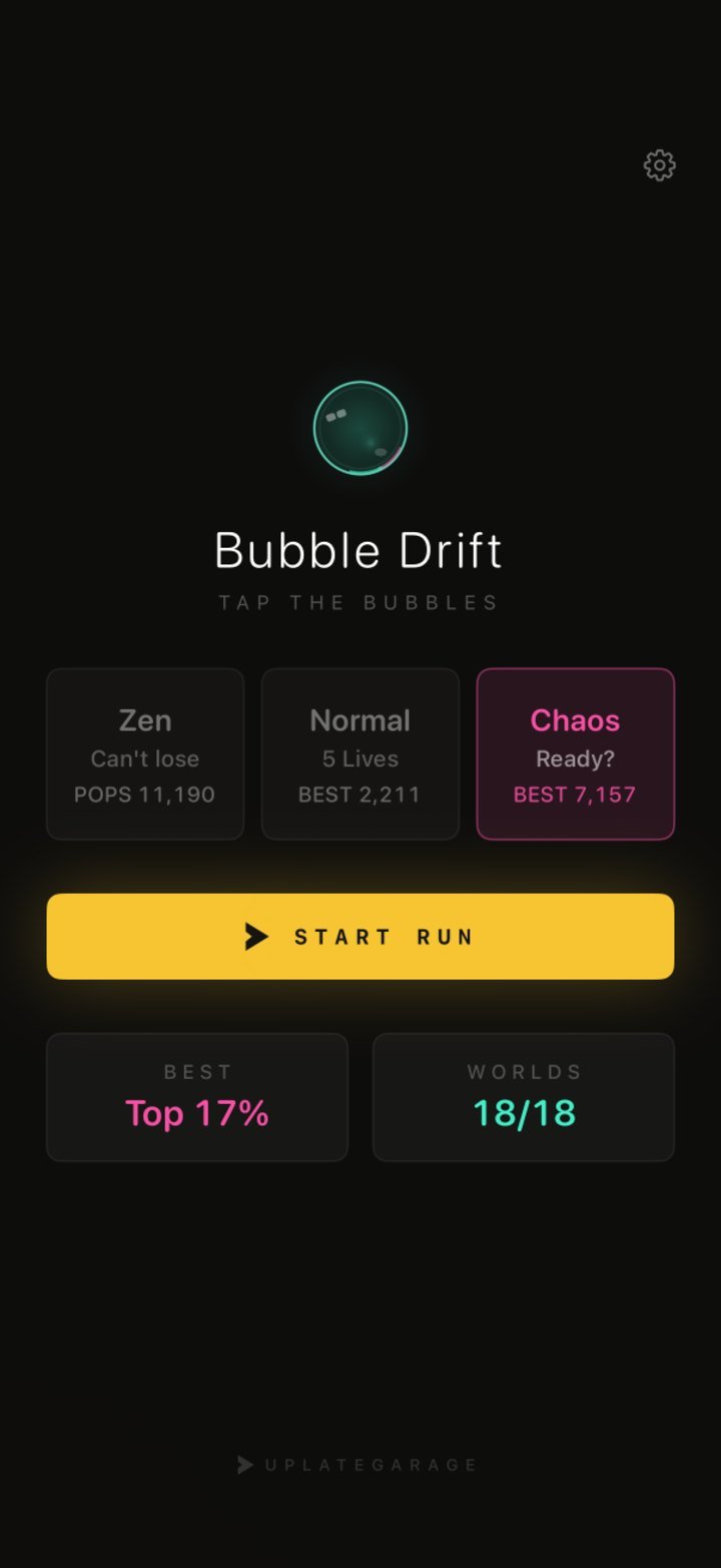 Bubble Drift menu with Chaos selected, showing best scores per mode.